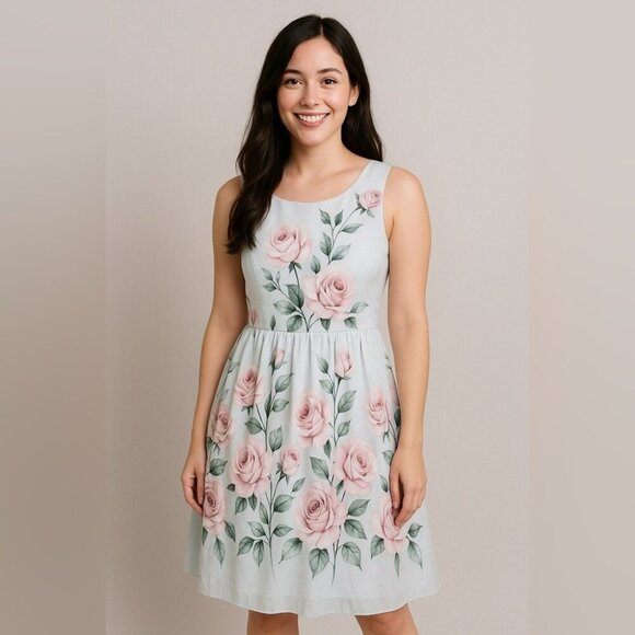 Dresses & Skirts - Floral Rose Print 100% Silk Cotton Lining Balloon Skirt Midi Dress Size Small